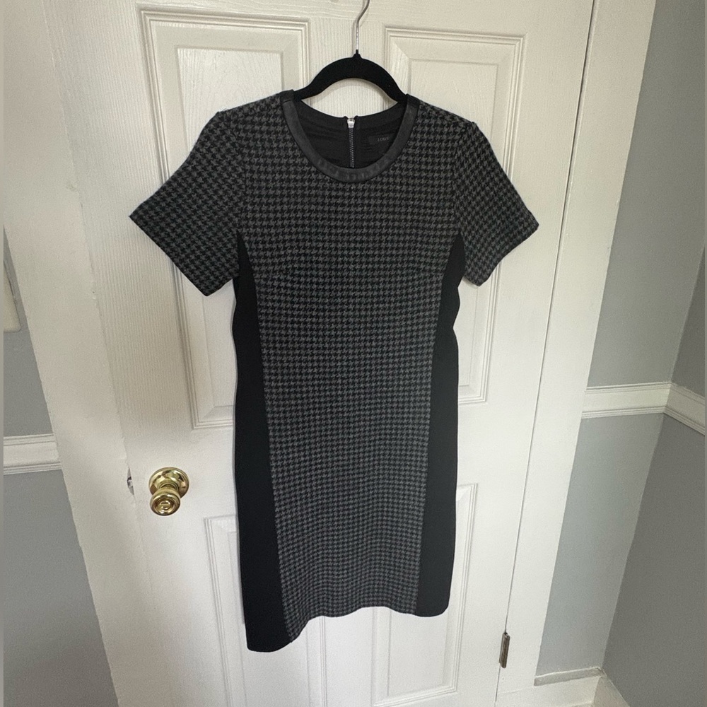 J.Crew Mixed Houndstooth Tweed & Leather Dress | Size 2 Tall | Classic Career - Picture 4 of 12